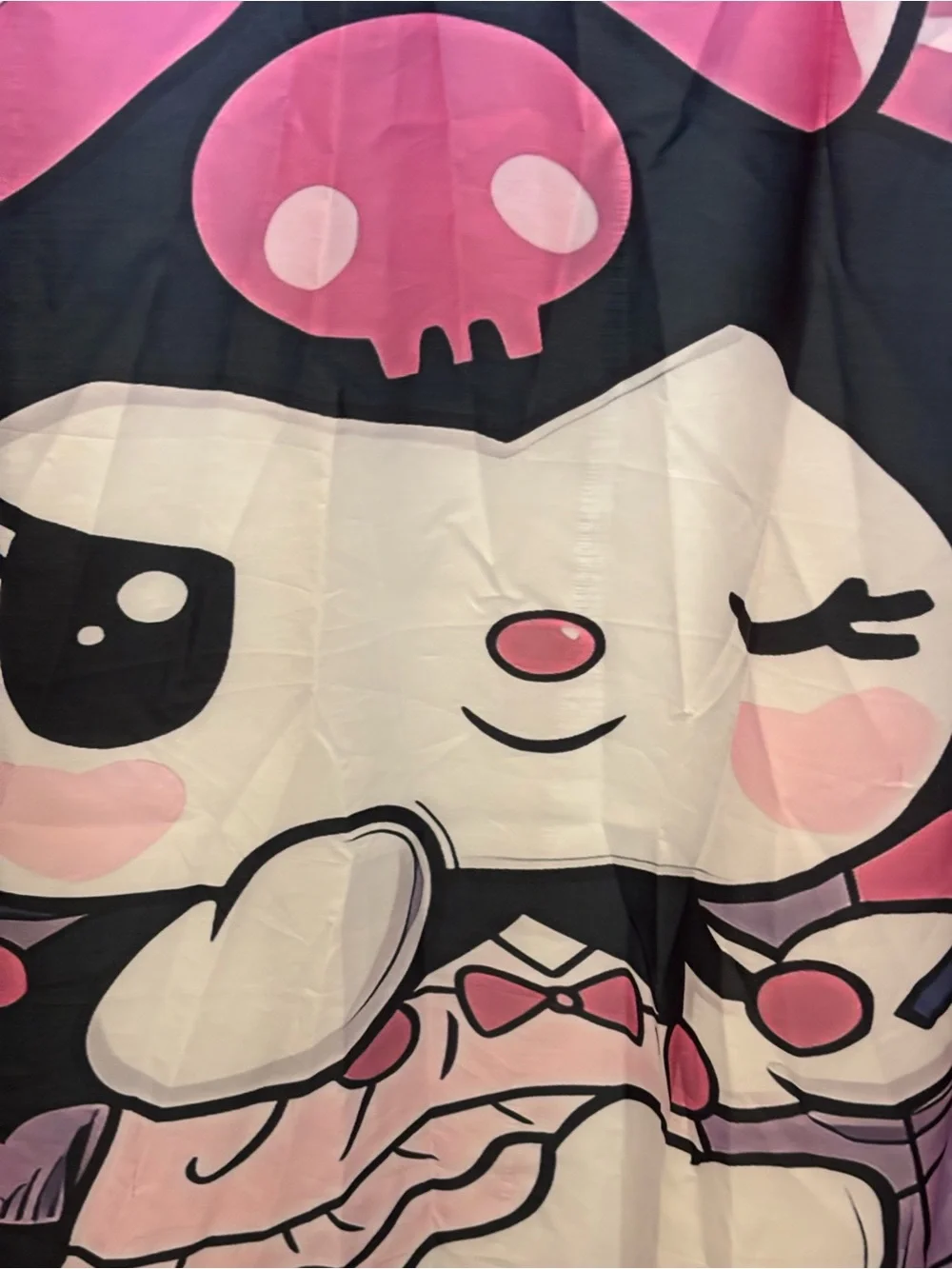 Sanrio Kuromi Shower Curtain Pink Bow Hearts Black Jester Hat Hearts Bathroom